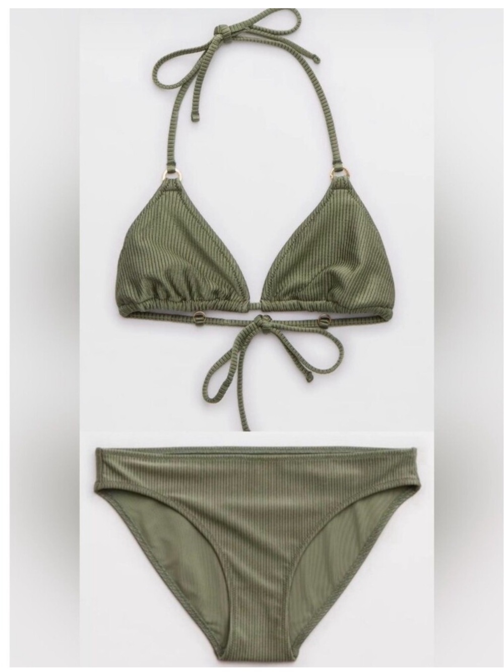 NWT Aerie Shine Ribbed Olive Ribbed Triangle String Bikini Set
